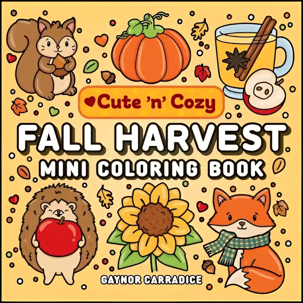 Cute n cozy fall harvest mini coloring book with illustrated animals pumpkins and autumn designs on yellow background