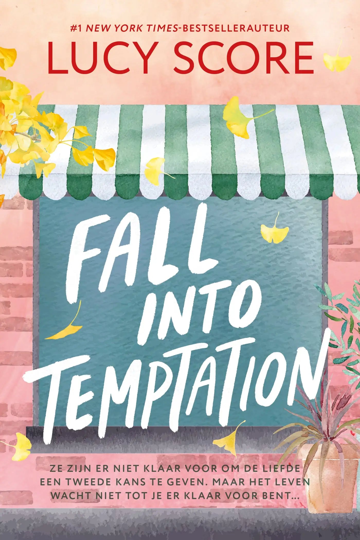 De boekcover van fall into temptation van lucy score toont witte letters op een teal achtergrond met groene en witte strepen en gele bladeren