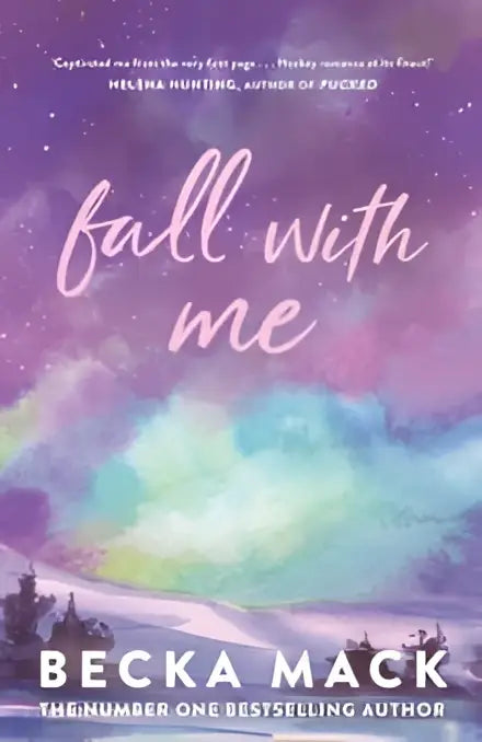 De boekomslag van fall with me van becka mack toont een elegante witte cursieve titel op een paarsroze verloopachtergrond