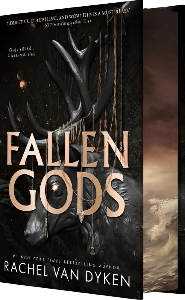 The book fallen gods by rachel van dyken features a dark academia urban romantasy cover with metallic gold lettering and a deer-like illustration