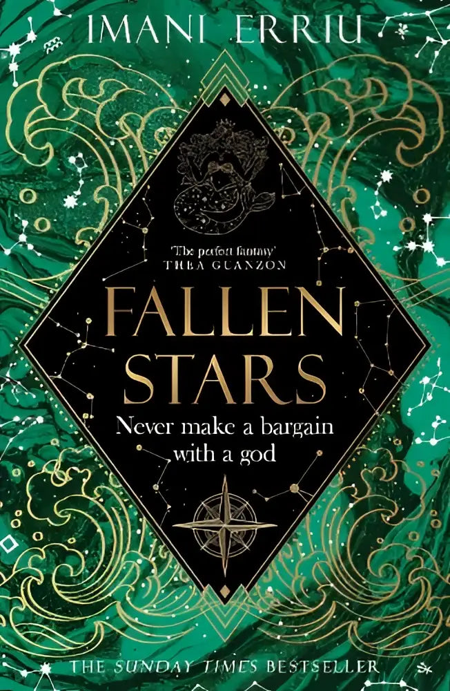 De boekomslag van Fallen Stars door Imani Erriu toont een smaragdgroen ontwerp met gouden filigraan en sterrenmotieven