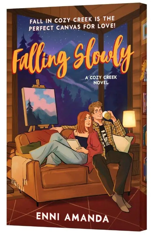 De boekcover van falling slowly door enni amanda toont een gezellige illustratie met twee personen op een bruine bank, uitgegeven door harpercollins publishers inc