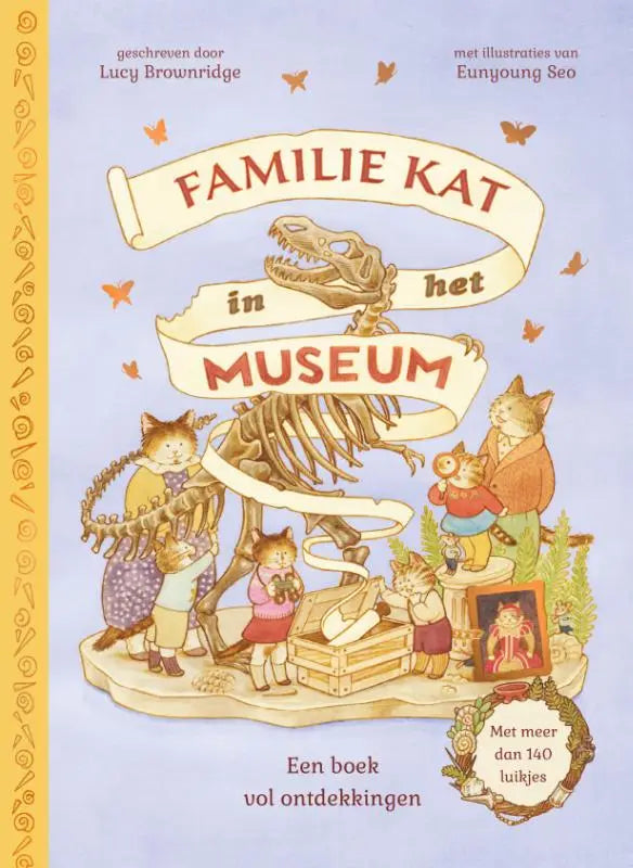 Whimsical kinderboek cover met familie kat en t-rex skelet in museum voor jonge lezers familie kat