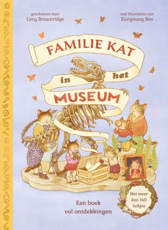 Kinderboek familie kat in het museum door lucy brownridge met illustratie van katten in museum met dinoskelet