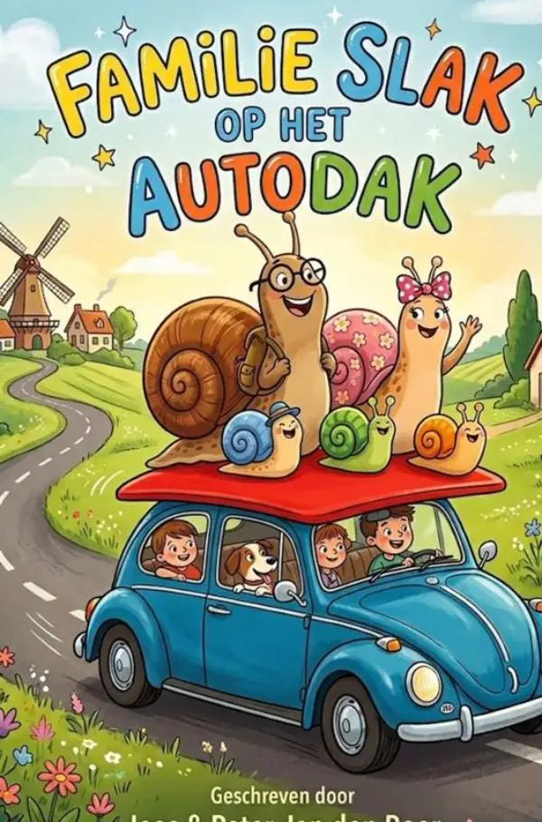 Blauwe vintage volkswagen kever met rood dak en cartoon familie slak op het autodak voor jonge lezers