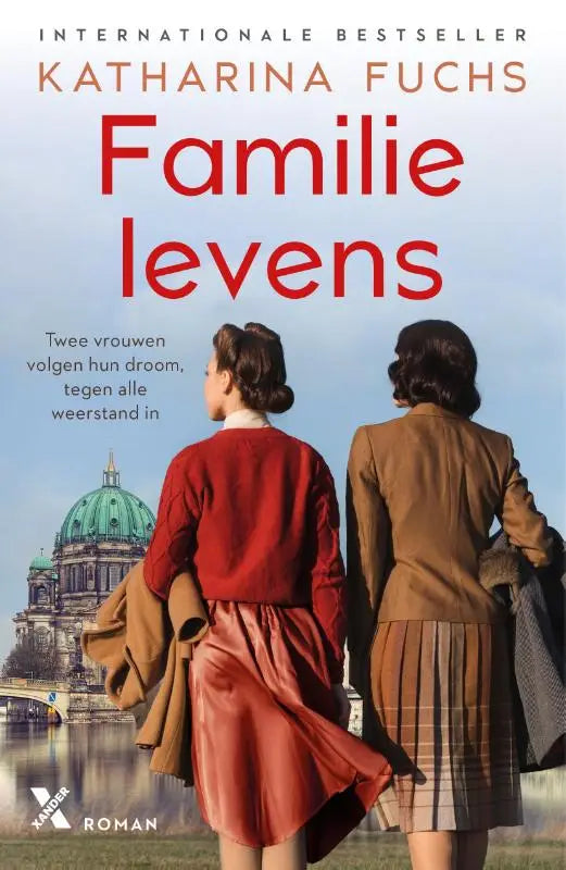 Vintage stijl dameskleding ensemble in rood en bruin op de boekomslag familielevens