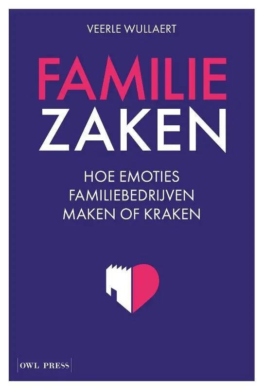 Diep paarse boekcover van familie zaken met roze en witte letters en een gesplitst hart, gericht op emoties familiebedrijven