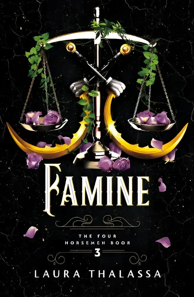 Boekcover van famine met een gouden weegschaal versierd met groene wijnstokken en paarse rozen tegen donkere achtergrond met scheuren, thematisch voor de vier horsemen