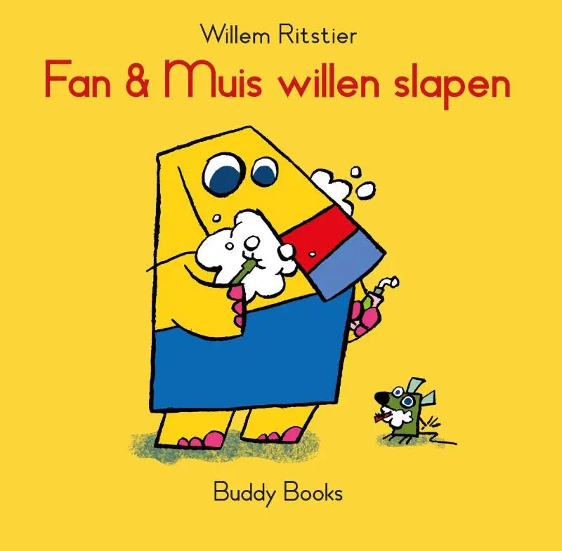 Gele en blauwe cartoonfiguur met rode en blauwe tandenborstel staat naast groene muis in fan en muis willen slapen