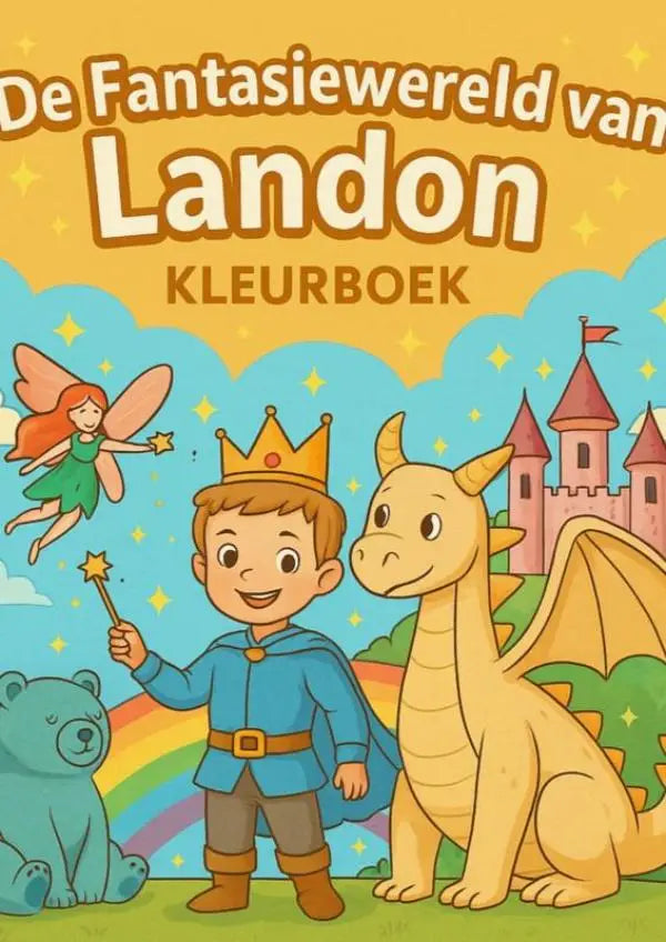 De fantasiewereld van Landon kleurboek toont jonge lezers een vrolijke jongen in koningsblauw met een gele draak