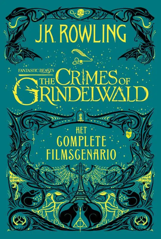 Teal boekomslag met zwarte en gele illustraties en de titel fantastic beasts the crimes of grindelwald van j.k