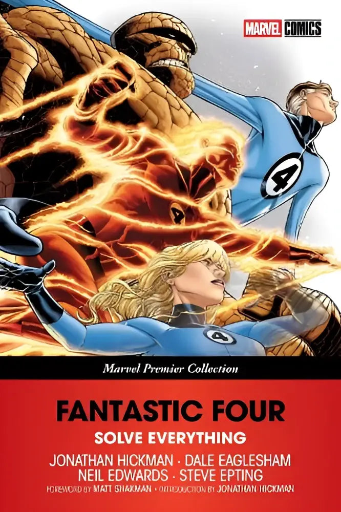 Fantastic four comic boek cover toont team in blauwe en rode kostuums met vurige energie op de voorgrond