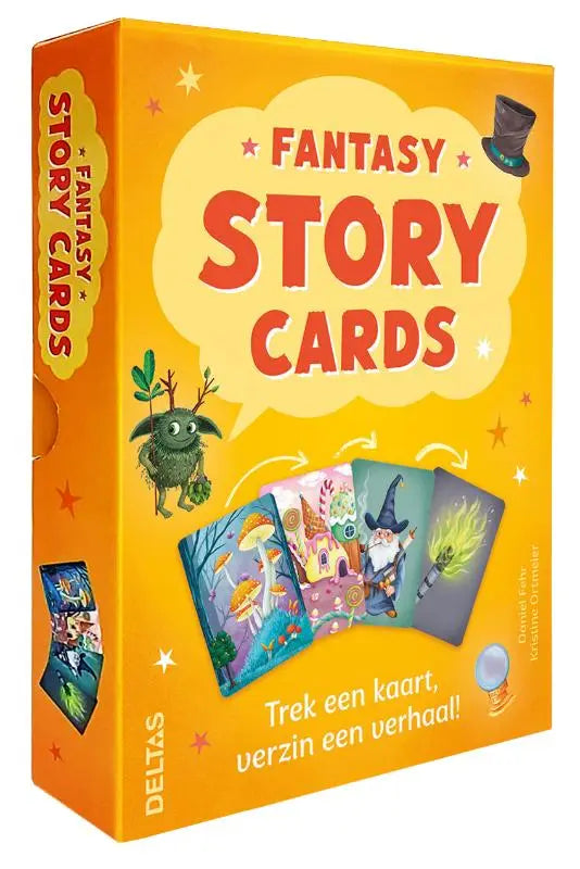 Bright orange box of fantasy story cards with whimsical illustrations by deltas titled fantasy story cards trek een kaart verzin een verhaal