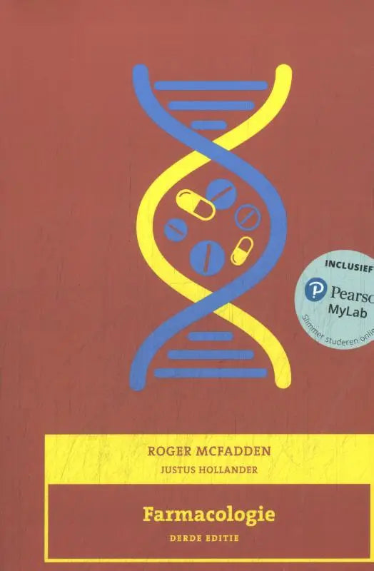 De boekomslag van farmacologie toont een gestileerde blauwe en gele dna-dubbelhelix met pillen op een roodbruine achtergrond