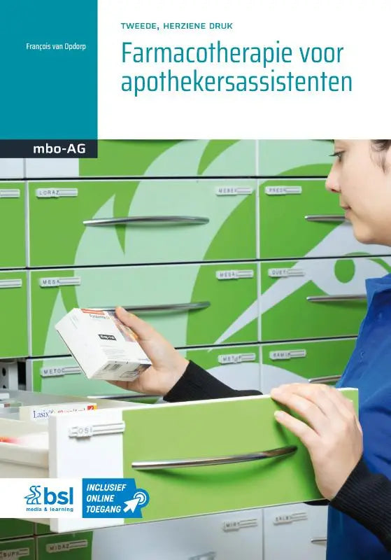 Groene apotheeklade met zilveren handgrepen en witte etikettering voor farmacotherapie apothekersassistenten