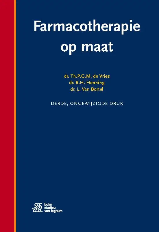 Blauwe hardcover boek met rode rug en witte tekst getiteld farmacotherapie op maat door bsl media voor farmacie farmacotherapie