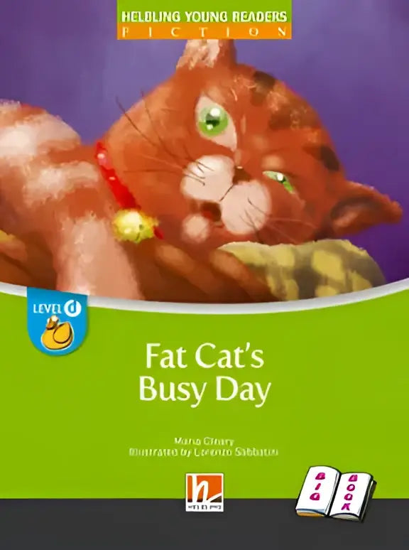 Vibrante oranje kat met groene ogen en rode halsband op omslag Fat Cats Busy Day big book