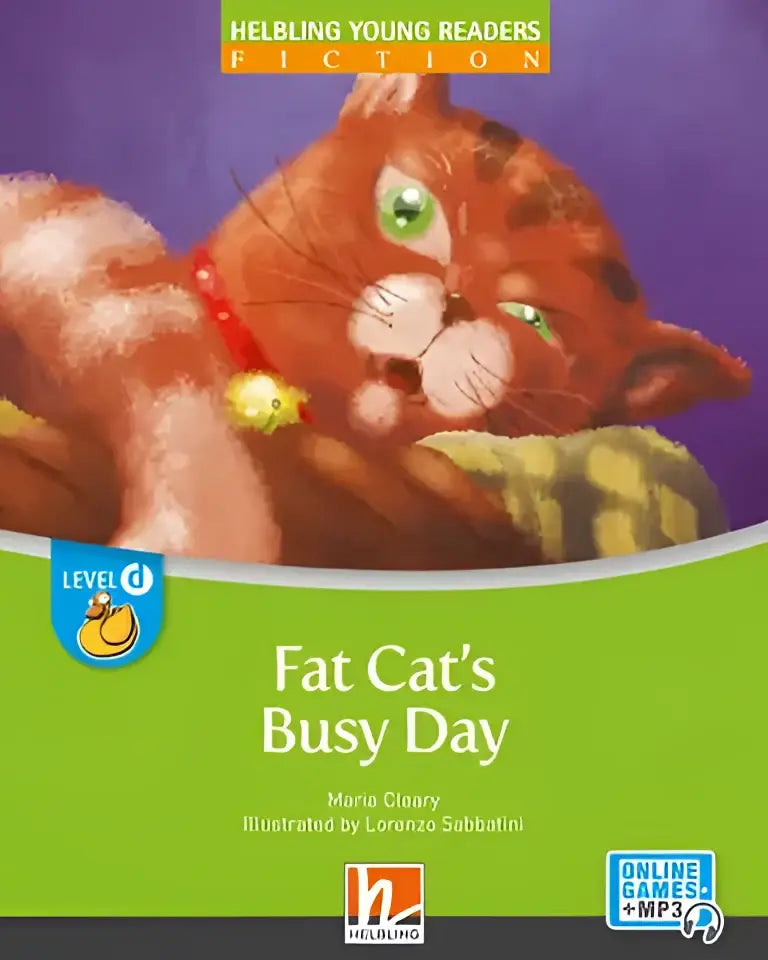 Omslag Fat Cats Busy Day met oranje gestreepte kat, groene ogen en rode halsband