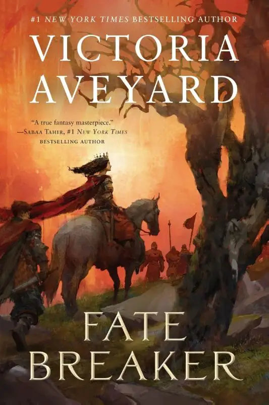 De cover van het fantasyboek fate breaker door victoria aveyard toont een berijder te paard onder een vurige oranje lucht