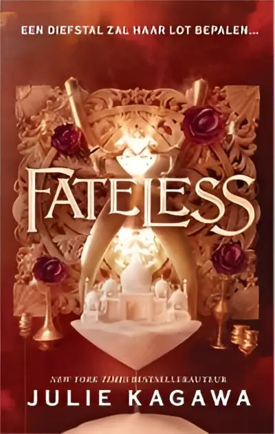 De cover van het boek fateless van julie kagawa toont een gouden, sierlijke zandloper met rode rozen young adult fantasy