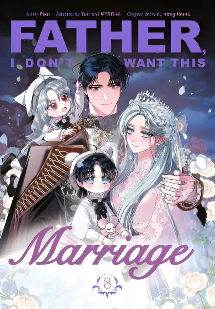 De cover van de manga father i don’t want this marriage volume 8 toont een elegante vrouw in een witte jurk met twee jongere figuren
