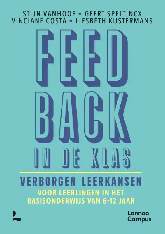 De boekcover van feedback in de klas toont donkere blauwe letters op een lichtteal achtergrond met voorbeelden voor leerlingen