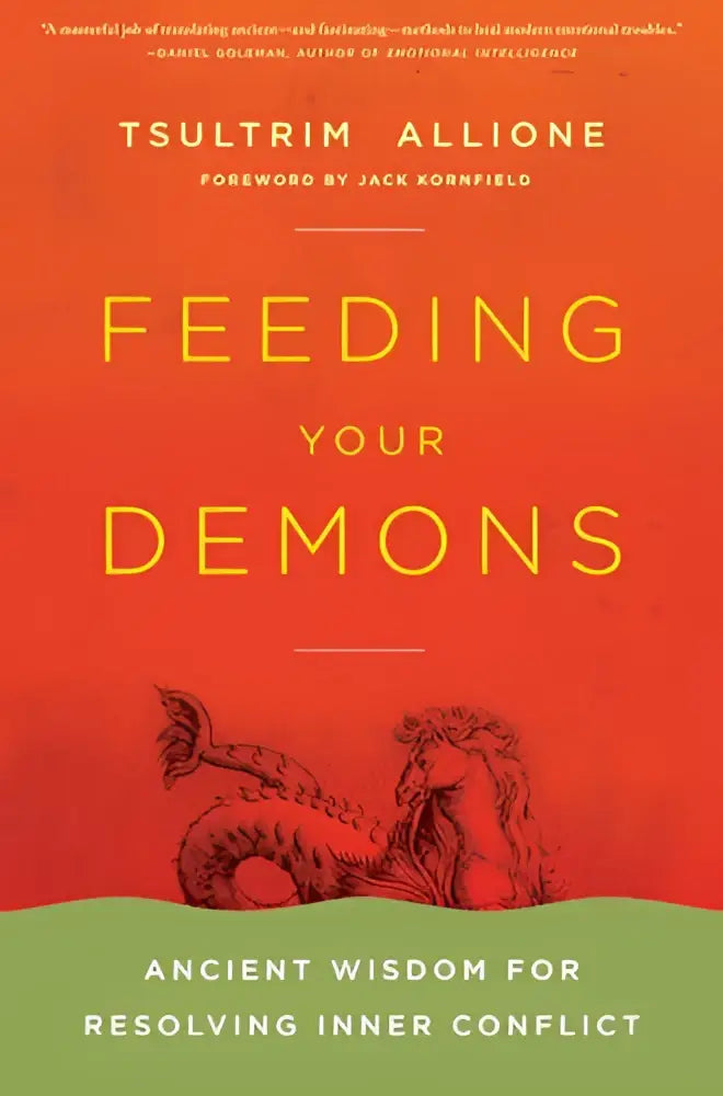 De boekcover van Feeding your demons heeft een oranje achtergrond, gele serif titel en rode draakillustratie