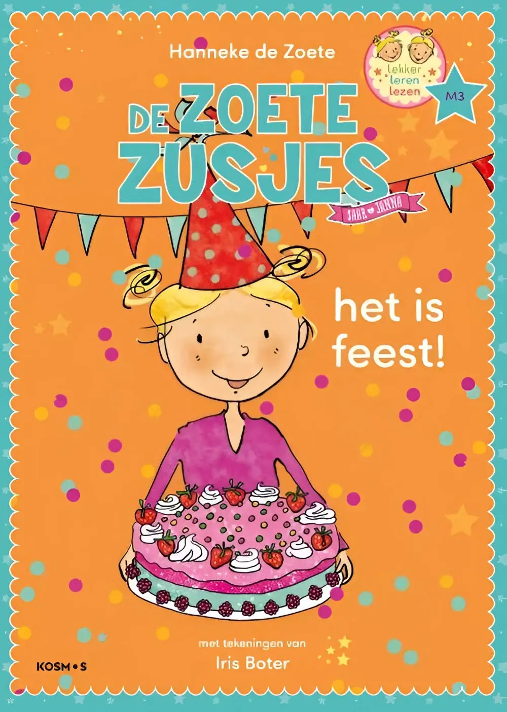 Een vrolijk meisje met rode polkadot feesthoed en paarse jurk houdt een roze aardbeientaart in serie leren lezen zoete zusjes