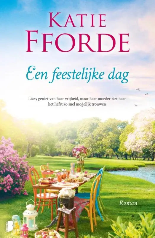 De boekomslag toont een feestelijke dag met een houten picknicktafel waar lizzie geniet terwijl haar moeder ziet haar snel trouwen