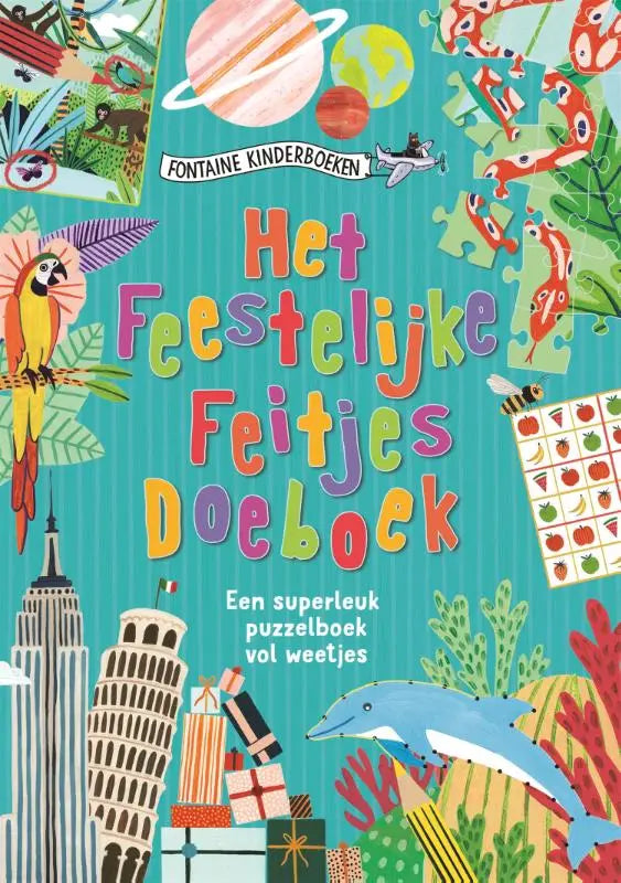 De cover van het feestelijke feitjes doeboek toont een superleuk puzzelboek met een gele papegaai en blauwe dolfijn