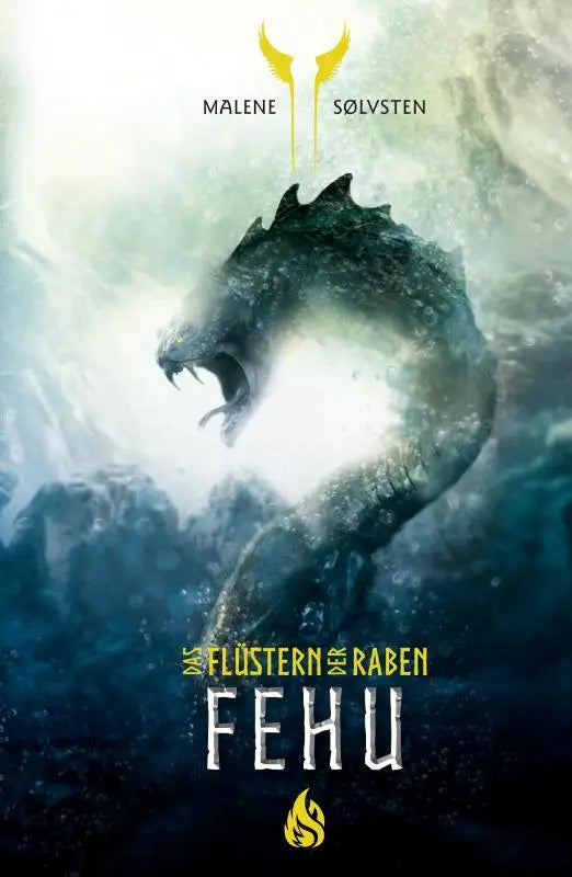 Fehu das flüstern der raben 2 boekcover met een donkere drakenfiguur uit mistig water voor jonge lezers