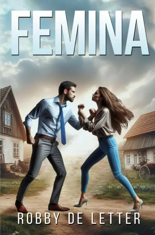 Femina boekcover met een man en vrouw in formele kleding die elkaar op een onverharde weg tegenoverstaan met rustieke huizen op de achtergrond