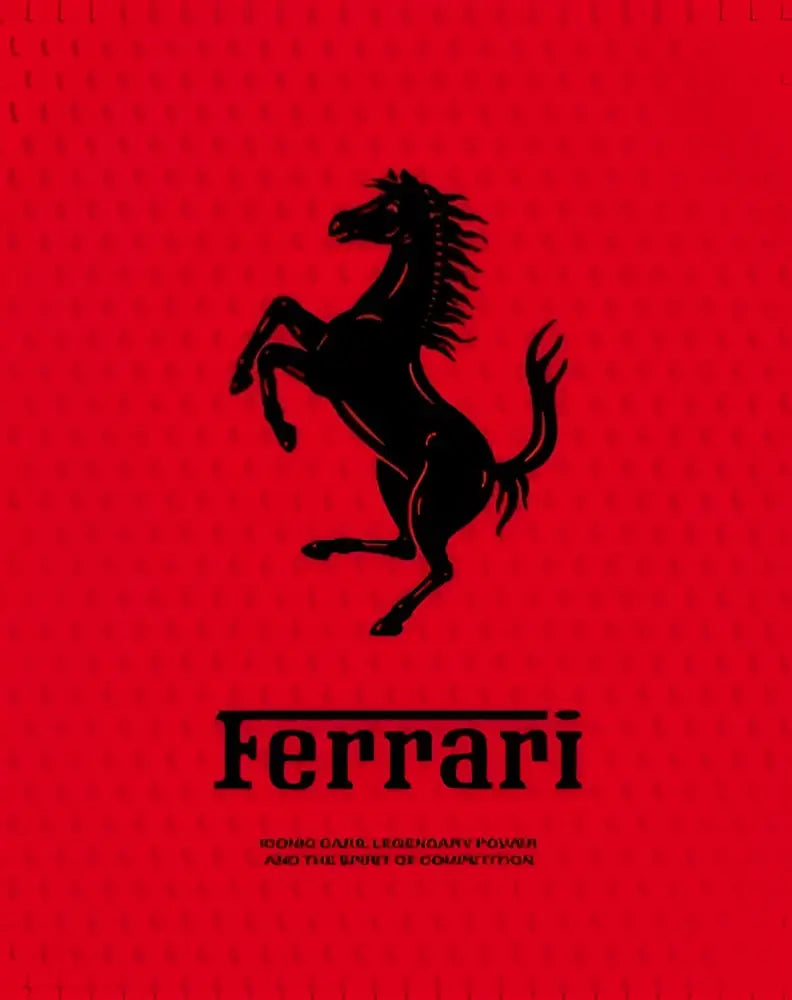 Zwart ferrari springpaardenlogo op felrode achtergrond met ferrari tekst die legendarische kracht en geest weergeeft