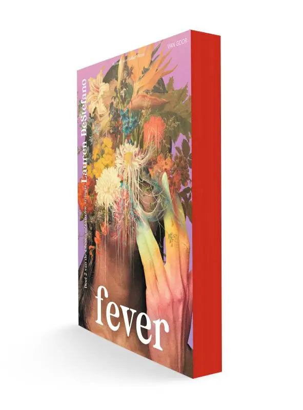 Vibrant red hardcover book fever by lauren pesceffino with colorful floral and hand illustration, part of chemical garden trilogy