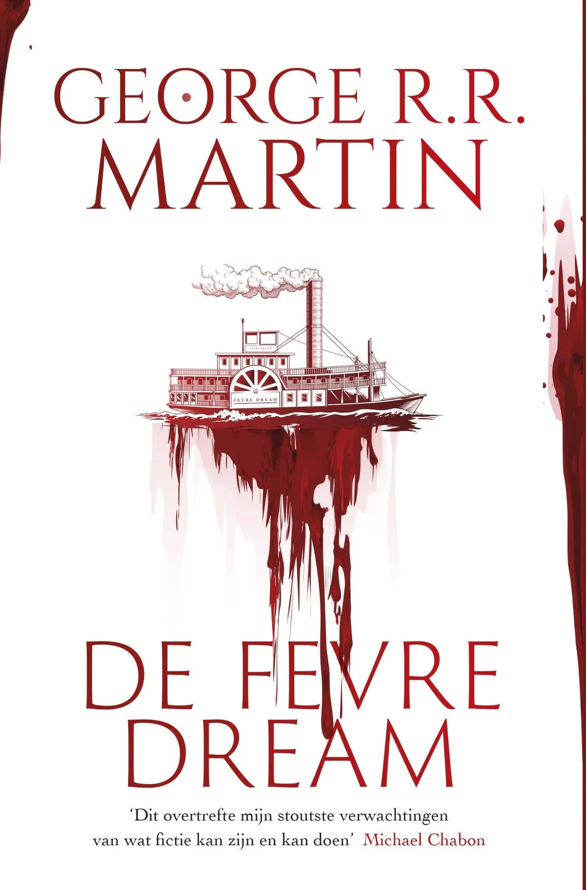 Rode inktillustratie van steamboat met bloeddruppelreflectie op de cover van fevre dream door luitingh sijthoff