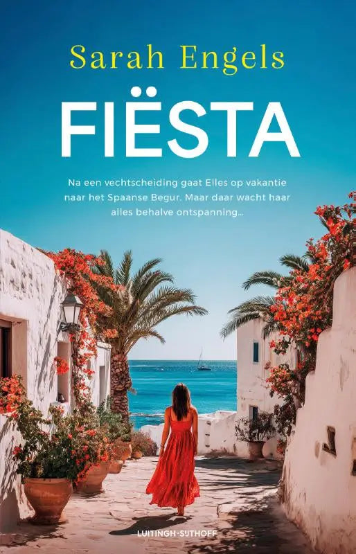 A woman in a flowing red dress walks a sunlit alleyway with orange flowers leading to the sea in the fiësta by sarah engels luitingh sijthoff