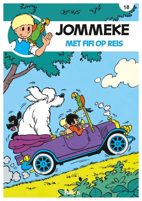 Paars vintage cabriolet met blauwe wielen en gele accenten met cartoon jongen, hond en papegaai in met fifi op reis jef nys algemeen publiek