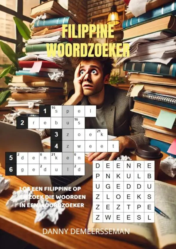 Een man met grote ogen en hand op het voorhoofd zit tussen stapels boeken en papier voor een laptop met woordzoekers in filippine-woordzoeker product