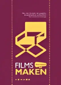 Golden cinema-style chair logo on deep maroon background for films maken by roemer lievaart vrije uitgevers