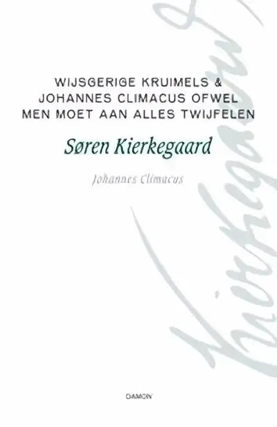 Witte papieren boekcover met zwarte tekst van filosofische kruimels door johannes climacus en søren kierkegaard