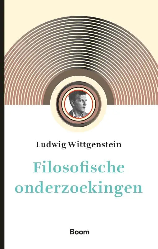 Boek cover van filosofische onderzoekingen met minimalistisch ontwerp en portret van ludwig wittgenstein