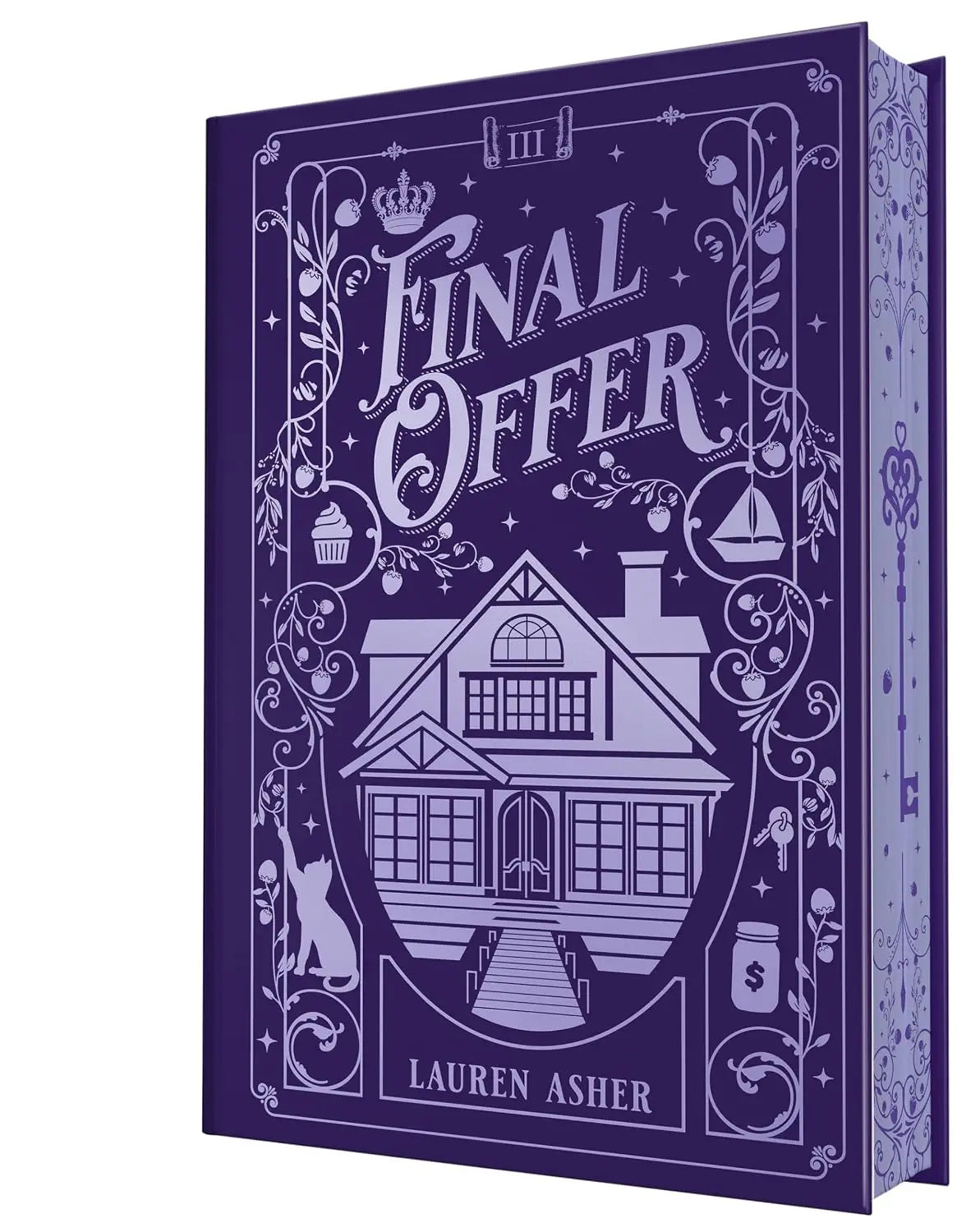 Paarse boekvormige safe met witte decoratieve patronen en titel final offer van lauren asher special edition