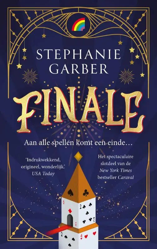 De boekcover van finale door stephanie garber toont een toren met speelkaartsymbolen op een blauwe achtergrond van uitgeverij rainbow reeks caraval