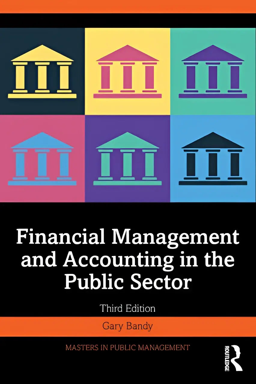 The book cover of financial management and accounting in the public sector features six colorful bank icons on contrasting squares