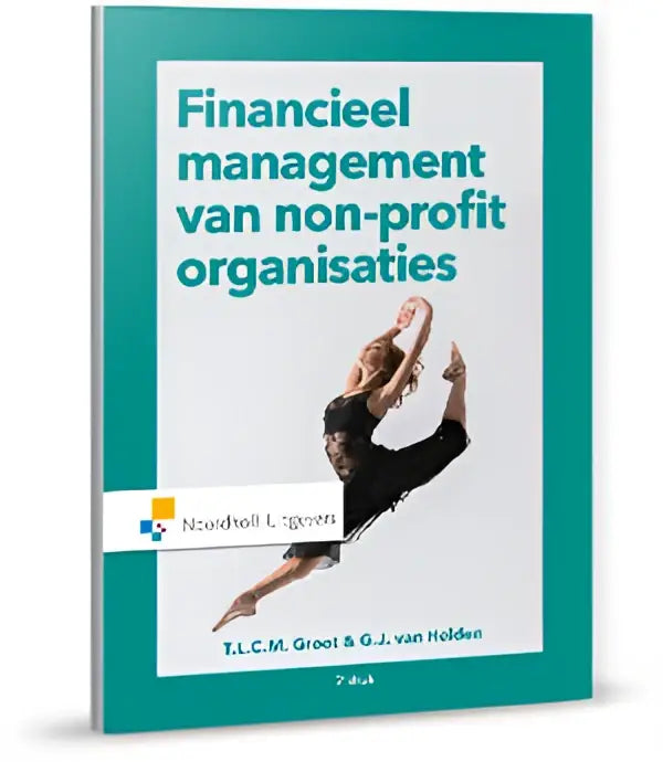 Teal omslag van boek financieel management van non-profit organisaties met zwart-wit afbeelding van danser op cover