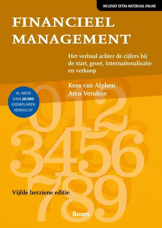 Orange boekcover met bold witte tekst financieel management en grote transparante cijfers als achtergrond