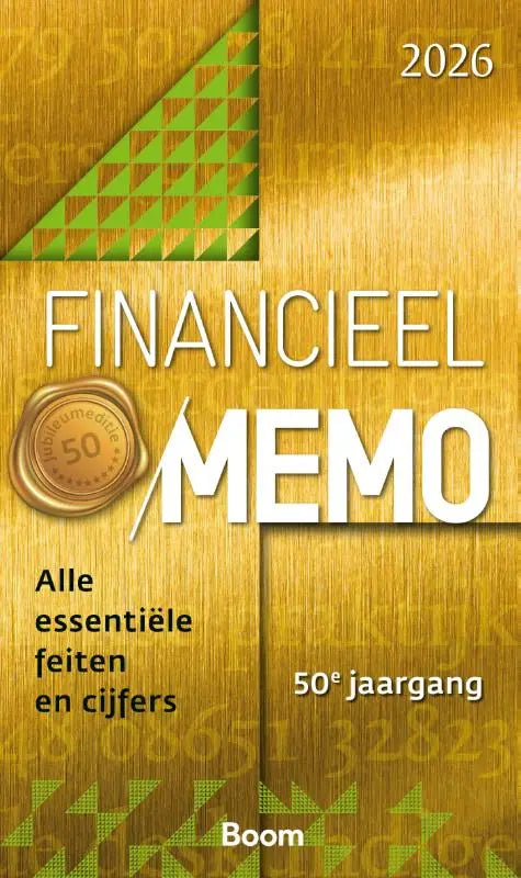 Gouden textuur covers van financieel memo 2026 met groene geometrische driehoek en geperst zegel essentiële feiten 50e jaargang