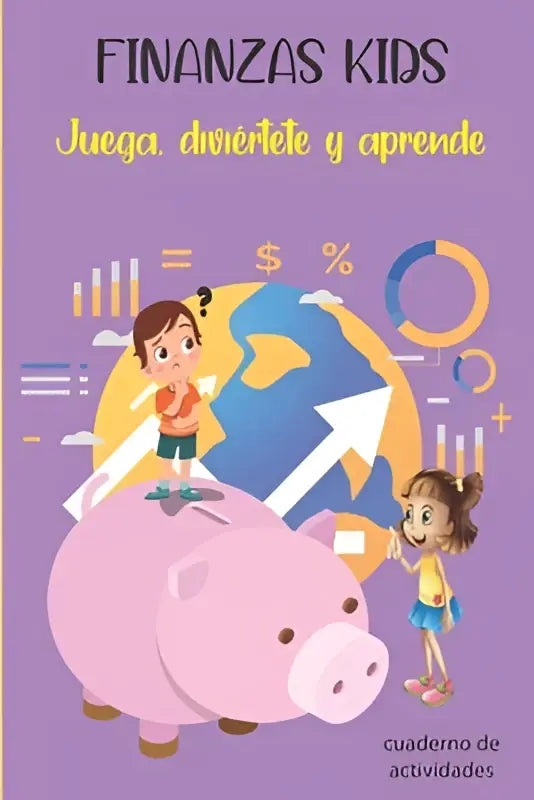 Roze spaarvarken met cartoonkinderen en financiële symbolen op paarse achtergrond voor finanzas kids juega