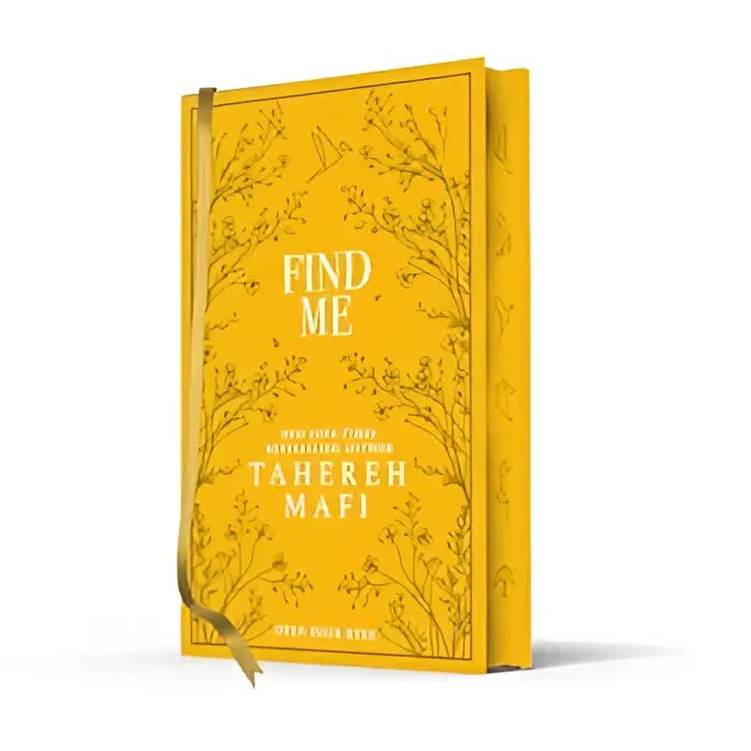 Een levendige gele hardcover boek met een ingewikkeld bloemmotief find me van tahereh mafi special collector’s edition