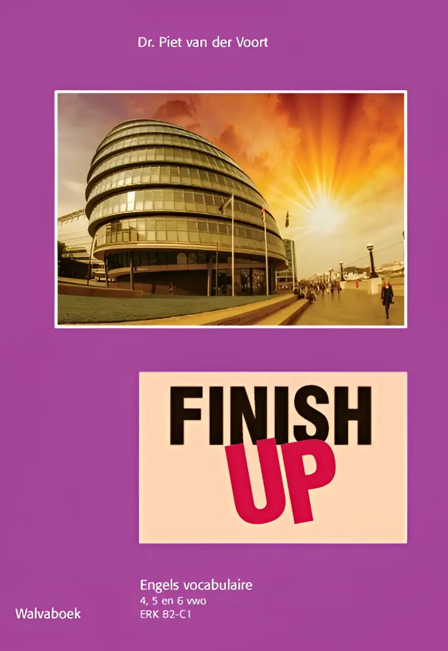 Paars boek met een foto van london city hall bij zonsondergang en opvallende tekst finish up voor het product Finish UP